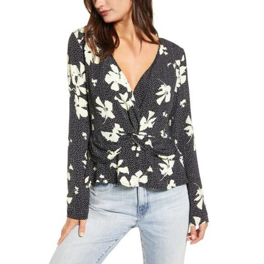 Leith Women's Knot Peplum Top Black City Floral Size S